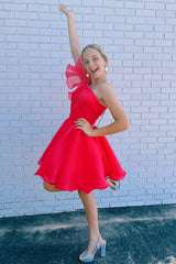 Purple A-Line One Shoulder Organza Homecoming Dress/Mini Dress with Ruffle