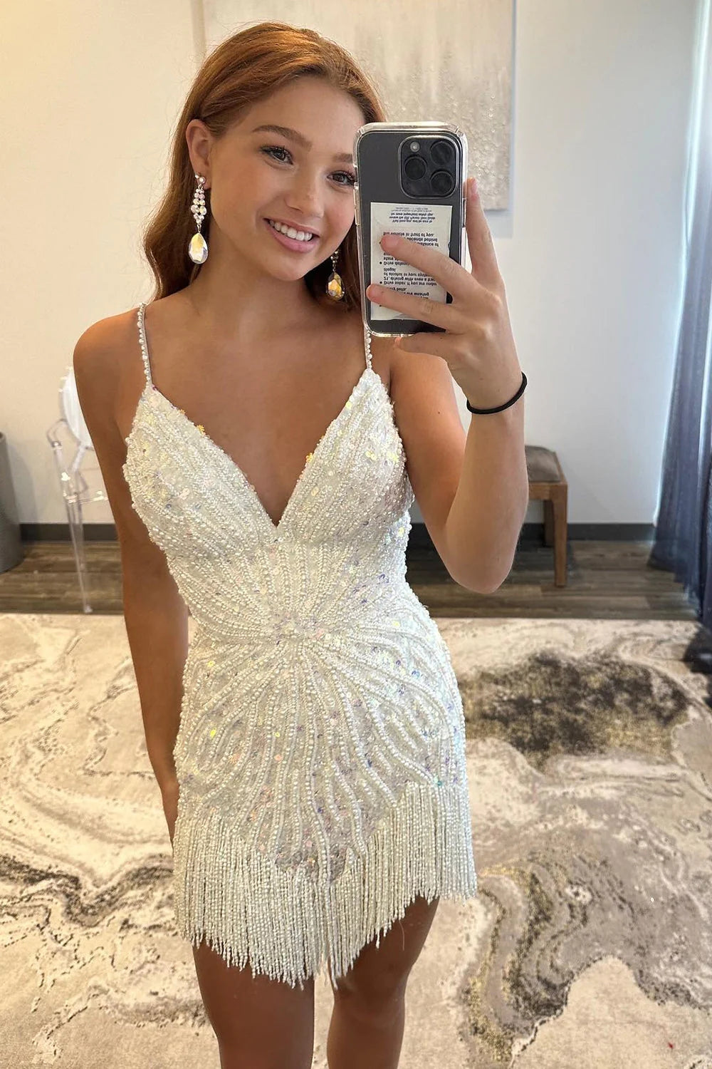 Sparkly White Beaded Tight Short Homecoming Dress/Mini Dress with Fringes