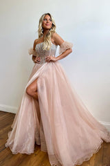 Blush Strapless Corset Prom Dress with A-Line Beading and Front Split
