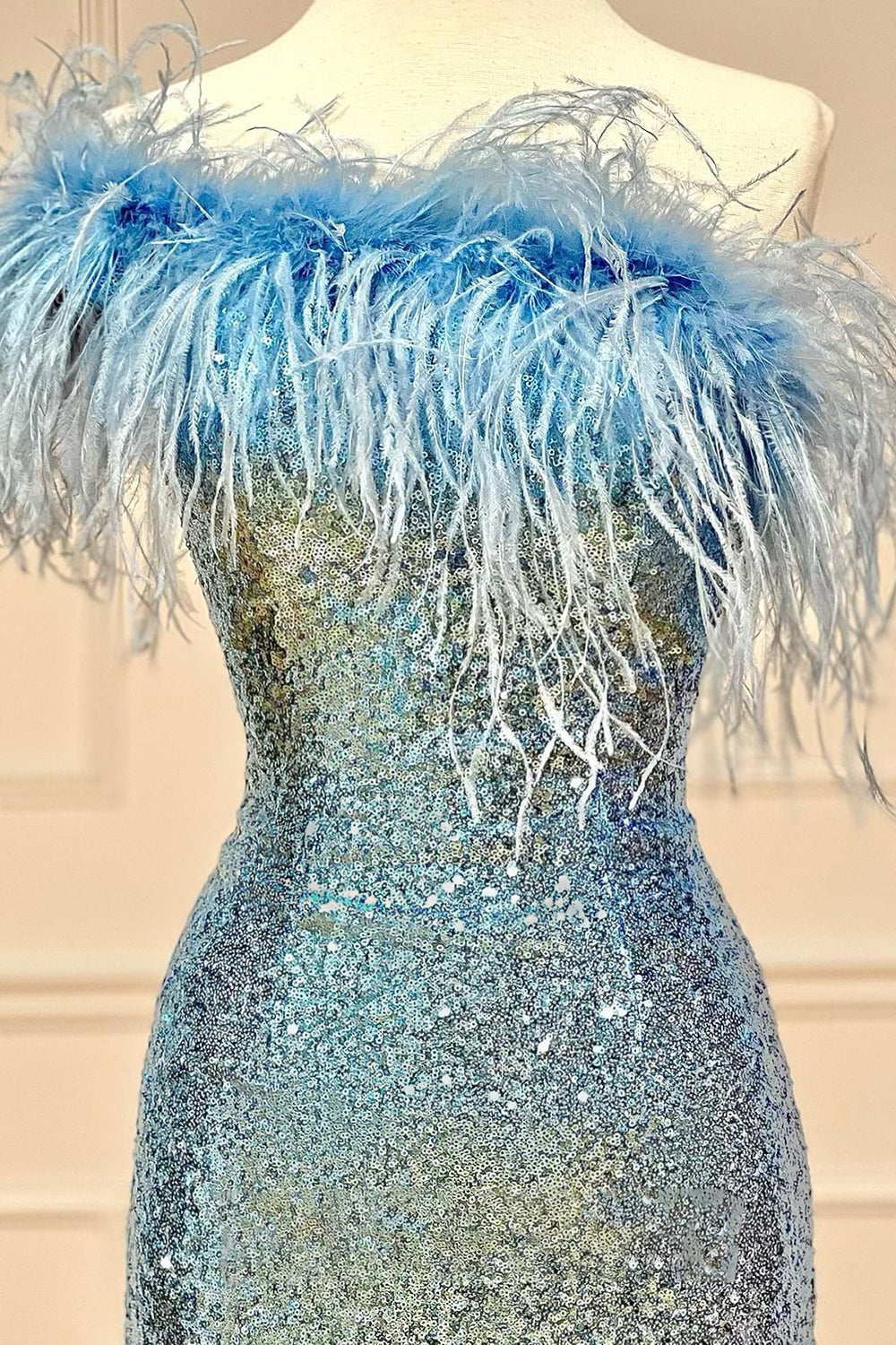 Light Blue Sparkly Tight Sequins Homecoming Dress/Mini Dress with Feathers