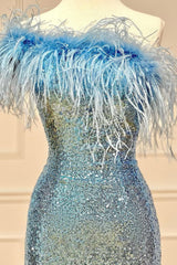 Light Blue Sparkly Tight Sequins Homecoming Dress/Mini Dress with Feathers