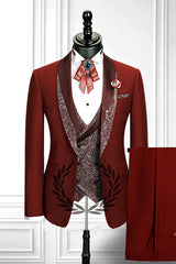 Stylish Red Stitching Lapel Double-Breasted Waistcoat Three-Piece Men's Suit