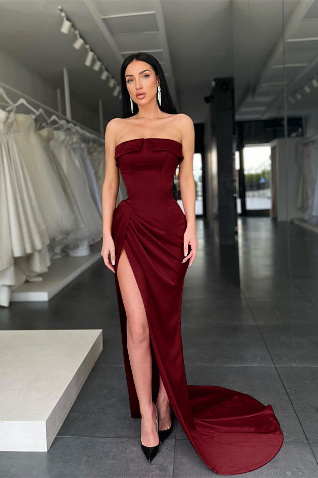 Red Strapless Mermaid Charmeuse Evening Dress Split