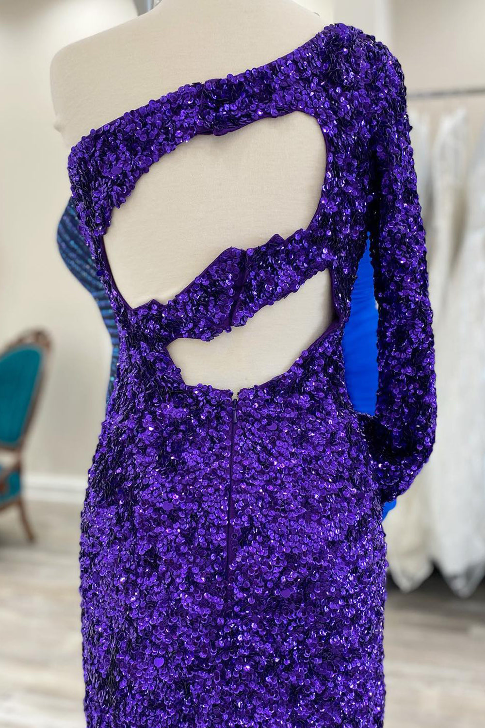 Purple Cut Out Open Back One Shoulder Sequins Homecoming Dress/Mini Dress