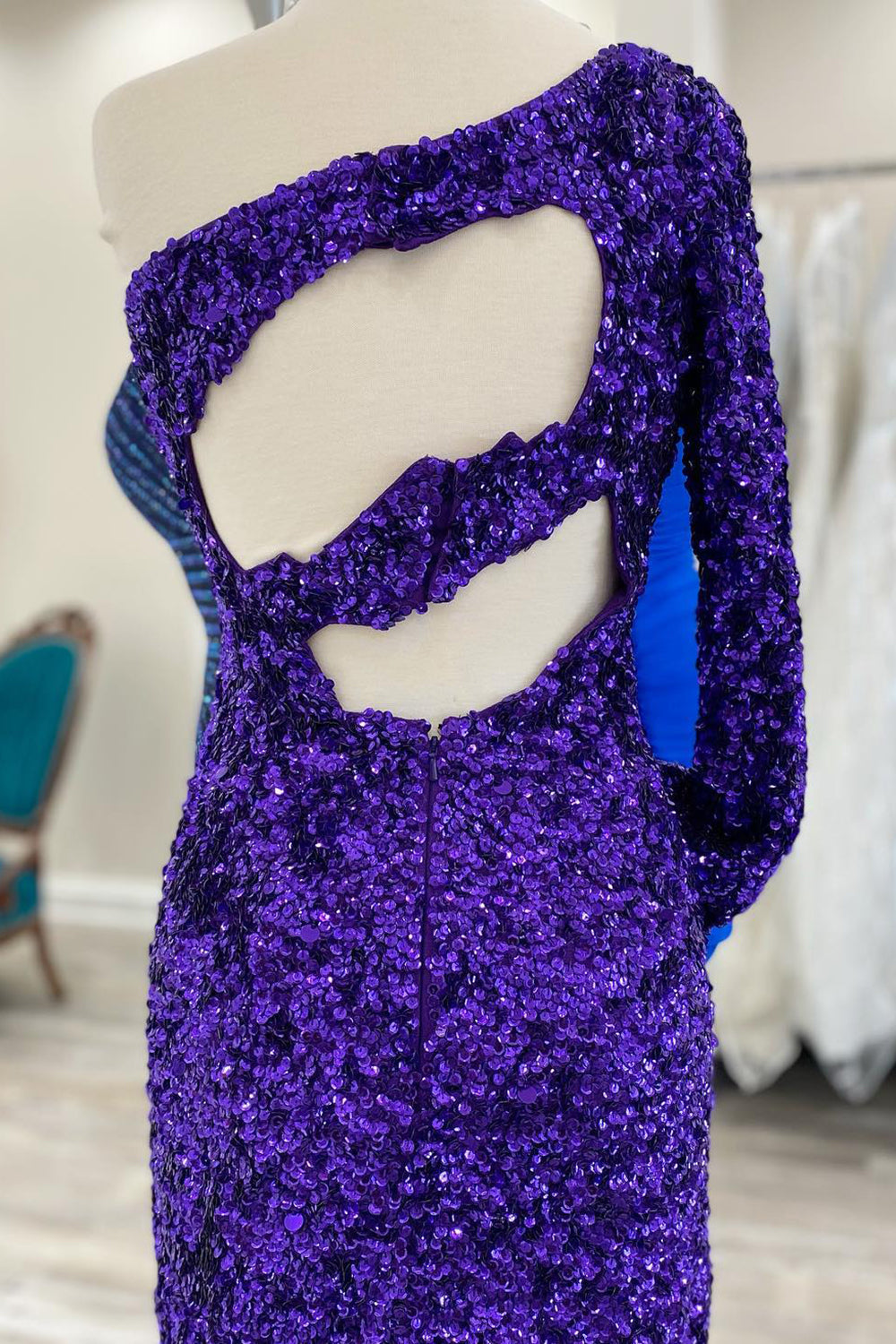 Golden Cut Out Open Back One Shoulder Sequins Homecoming Dress/Mini Dress