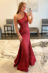 Fuchsia One-Shoulder Long Mermaid Prom Dress with Sparkly Sequins