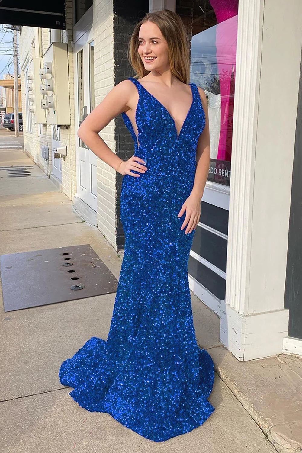 Pink Sequined Long Prom Dress with Mermaid Deep V Neckline