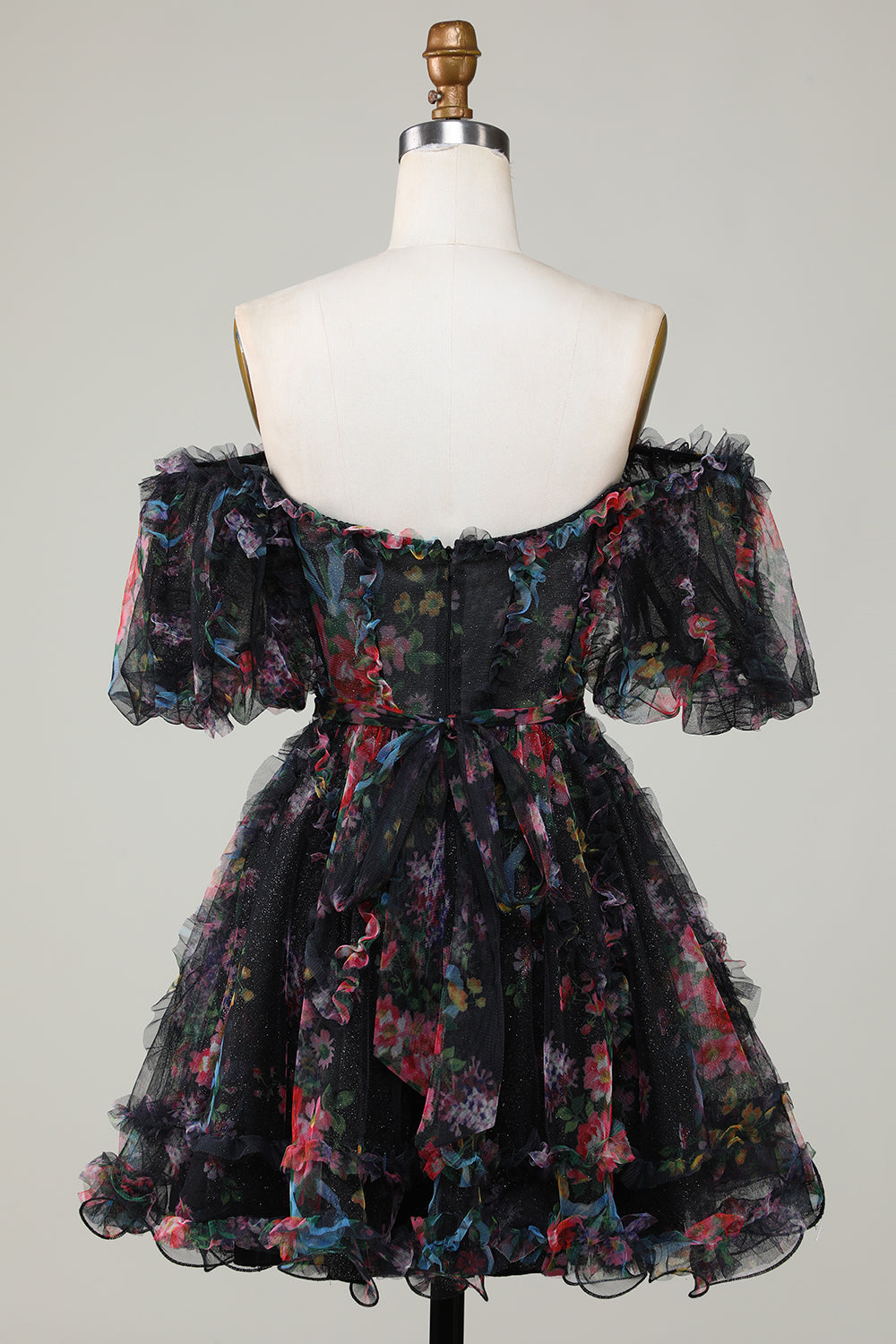 Green Off the Shoulder Printed Tiered A Line Short Homecoming Dress/Mini Dress