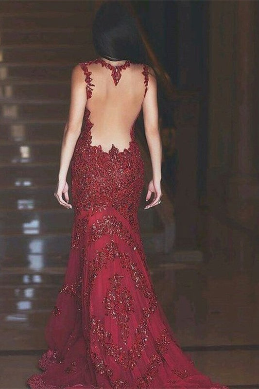 Burgundy Mermaid Lace Appliques Evening Dress