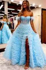 Pink Long Prom Dress with Feathers - Off-the-Shoulder A-Line Princess Style