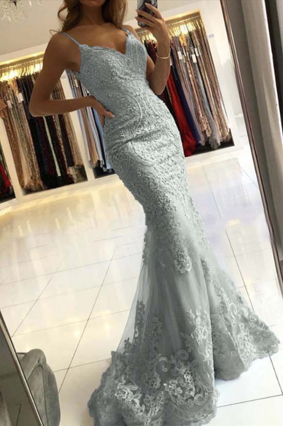 Spaghetti-Straps Mermaid Sky Blue Evening Dress