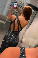 Long Black Glitter Prom Dress Featuring Sequins and a Slit