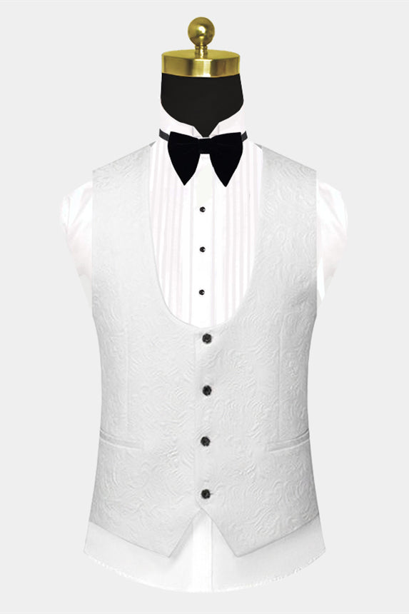 Gentle White with Black Satin Lapel Jacquard Wedding Suits for Men