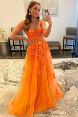 Long Prom Dress in Orange with Sweetheart Neckline and Appliques