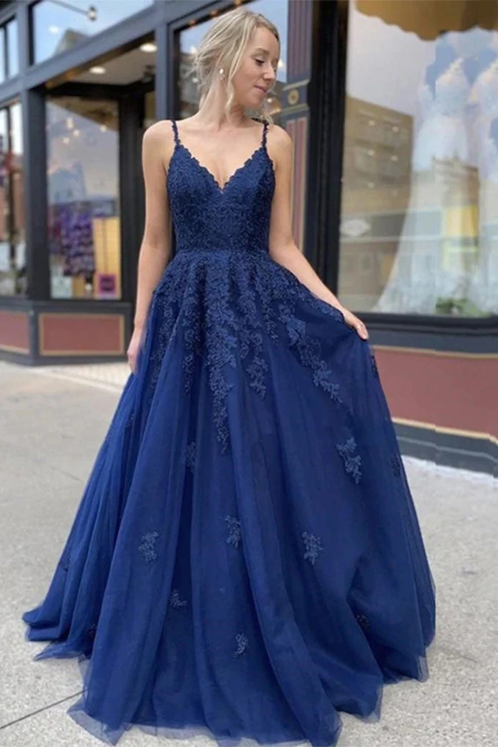 Long Navy Blue Prom Dress with Appliques Perfect for Evening