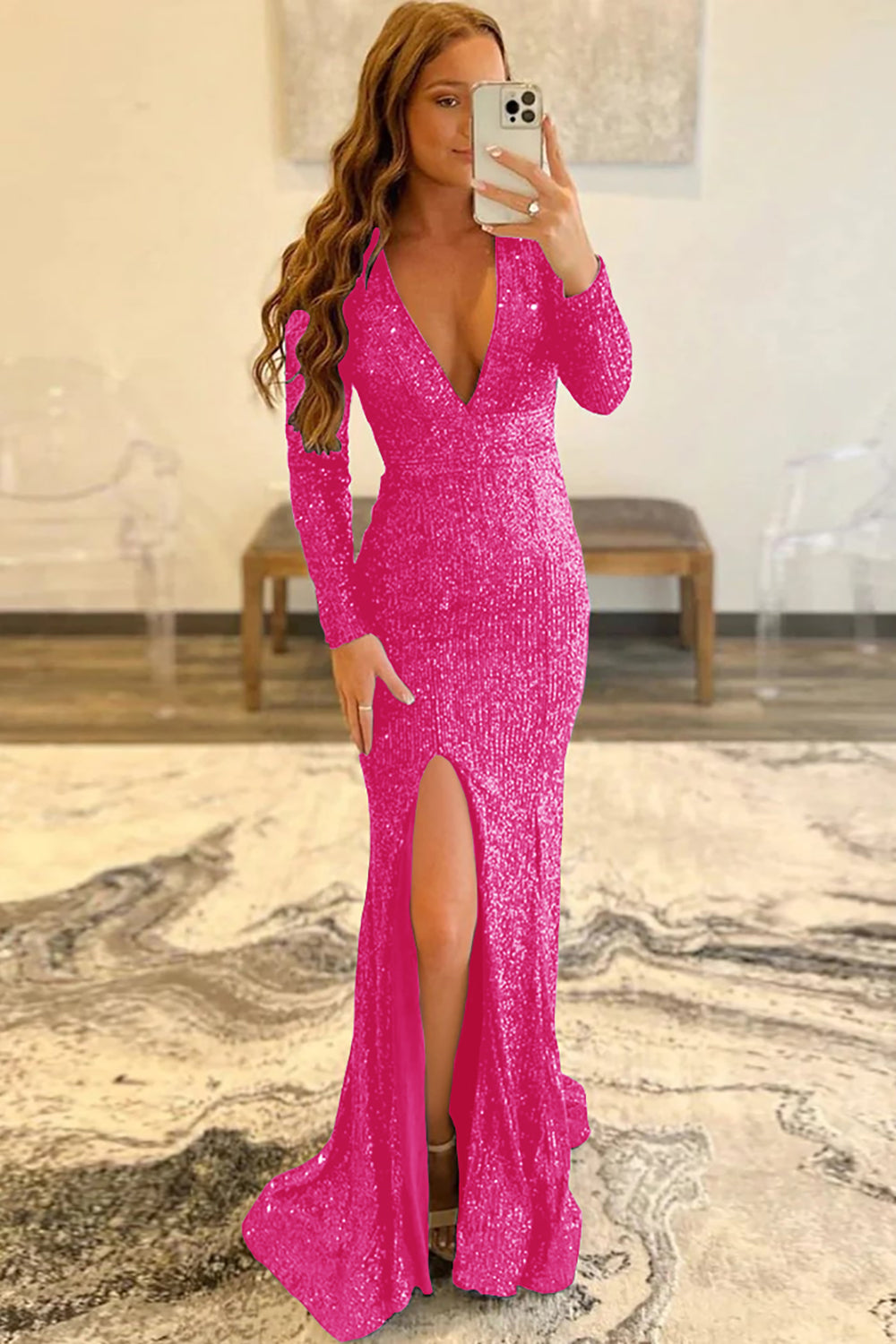 Long Pink Sequins Prom Dress with Deep V Neck and Front Split Sheath