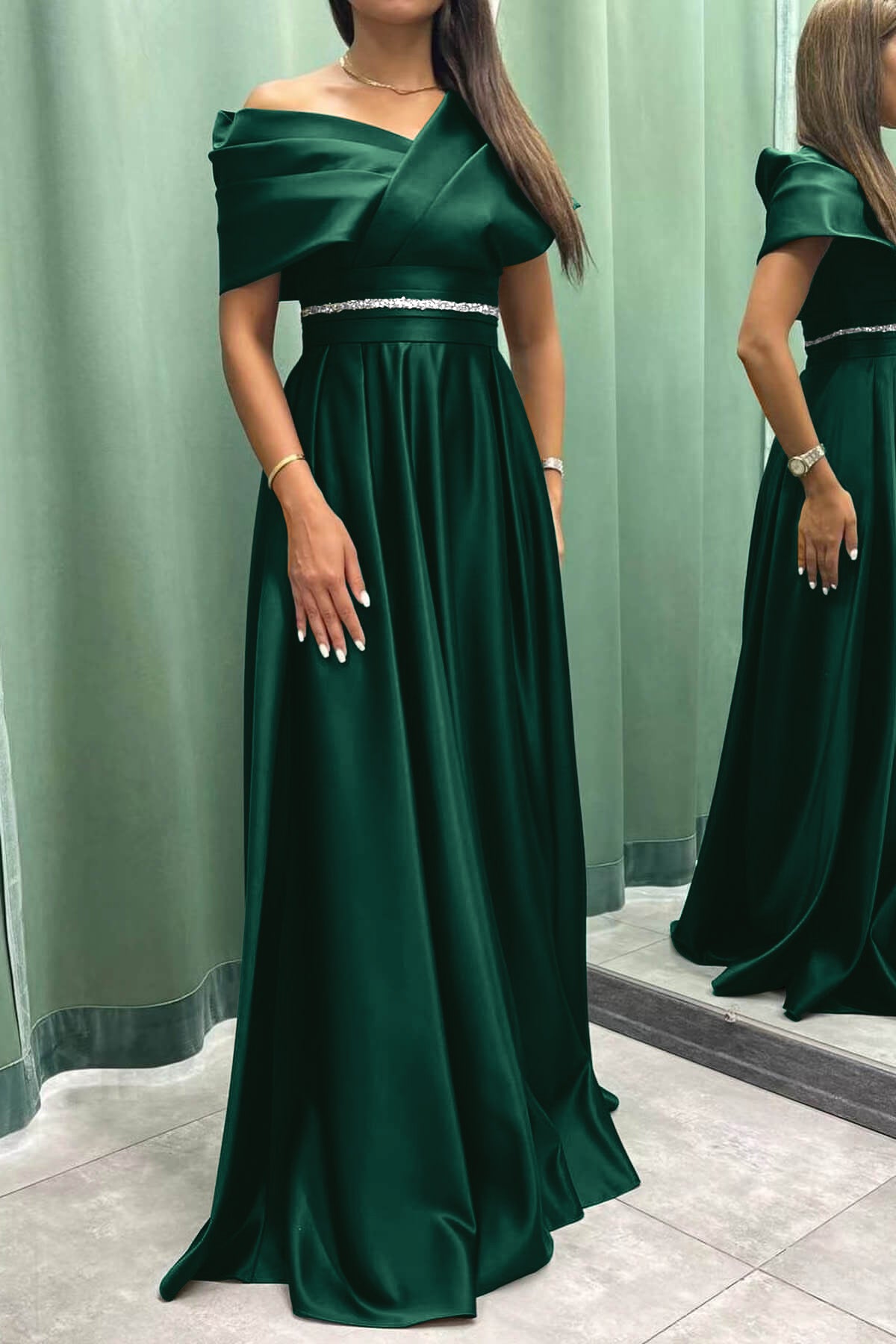 Long Elegant Evening Dress Pleat Off-The-Shoulder