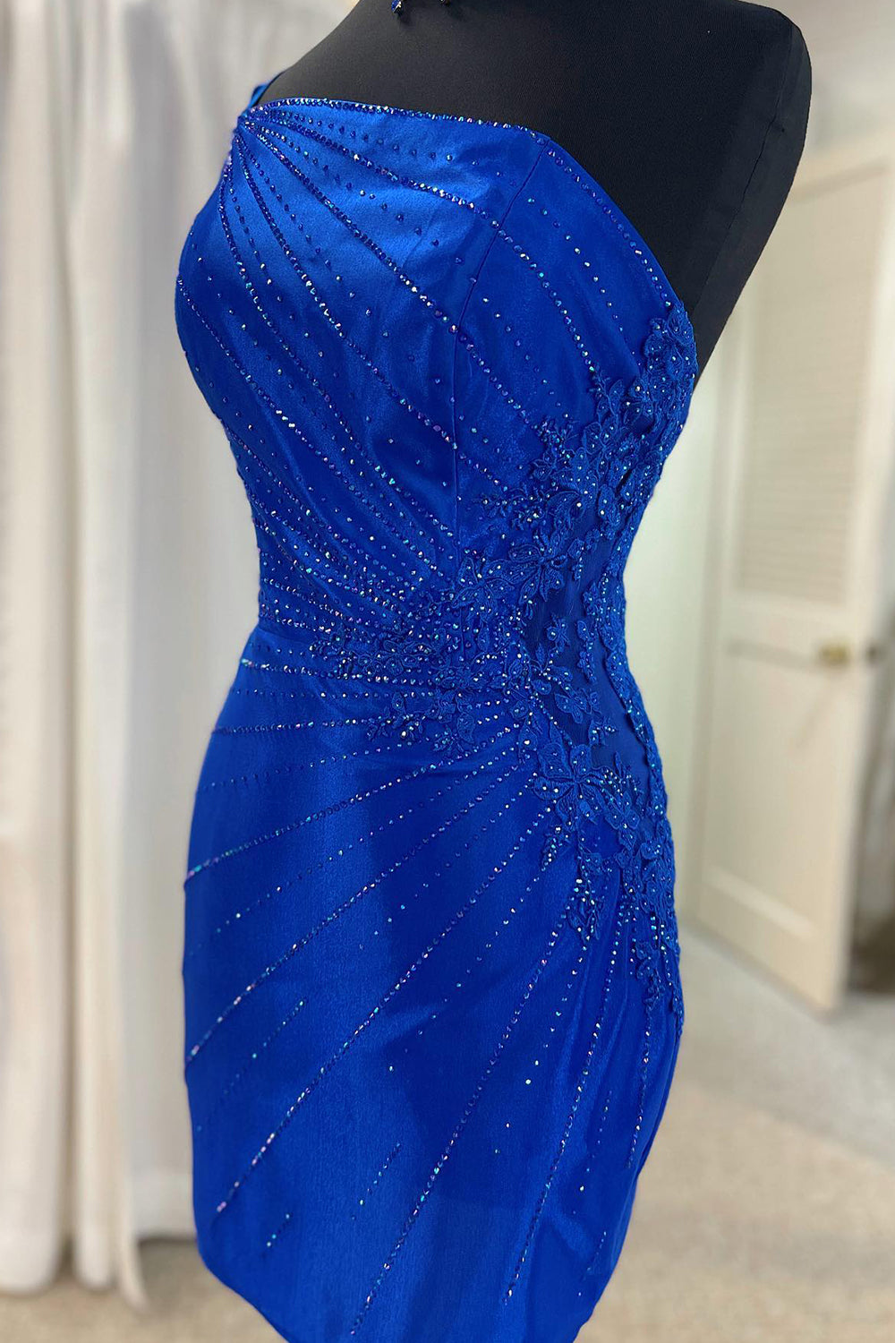 Sparkly Royal Blue Sequined One Shoulder Tight Short Homecoming Dress/Mini Dress with Appliques