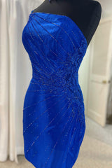 Sparkly Royal Blue Sequined One Shoulder Tight Short Homecoming Dress/Mini Dress with Appliques