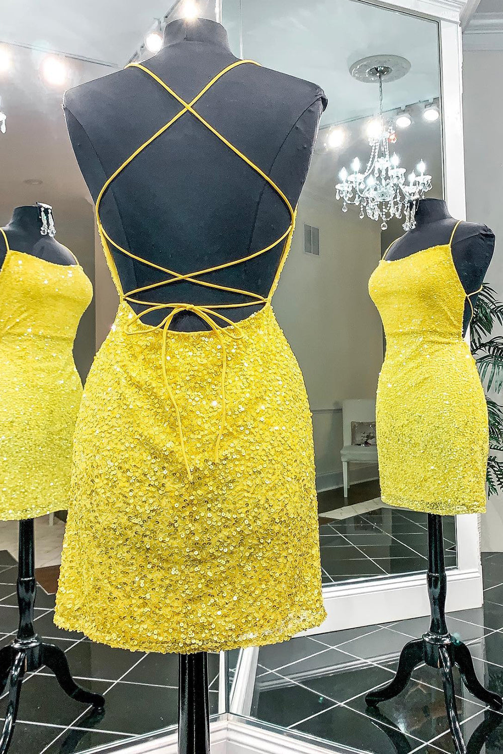 Yellow Sequins Backless Short Homecoming Dress/Mini Dress