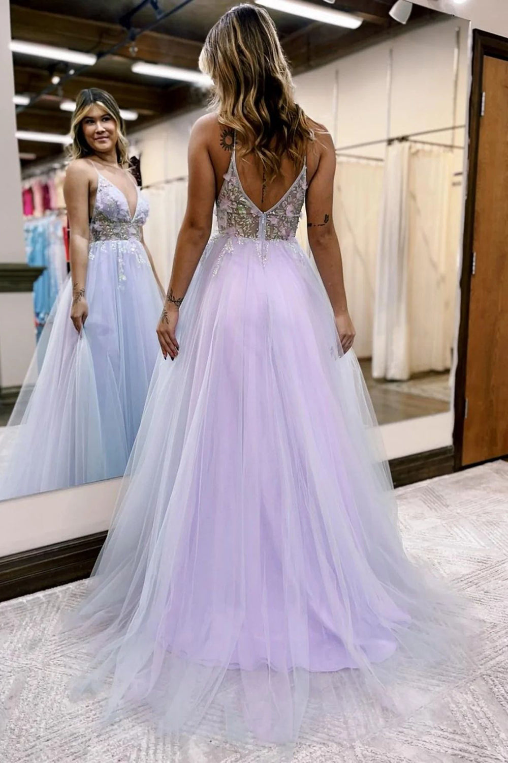 Lilac long prom dress with spaghetti straps and a front split in A-line style