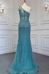Elegant Beadings One Shoulder Tulle Evening Dress With Slit Rhinestone