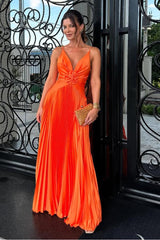 Spaghetti Strap V Neck Sleeveless Long Formal Dress With Pleated