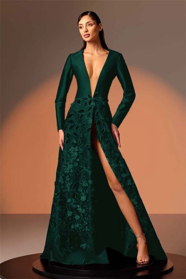 Long Sleeves Deep V Neck High Split Long Formal Dress With Appliques