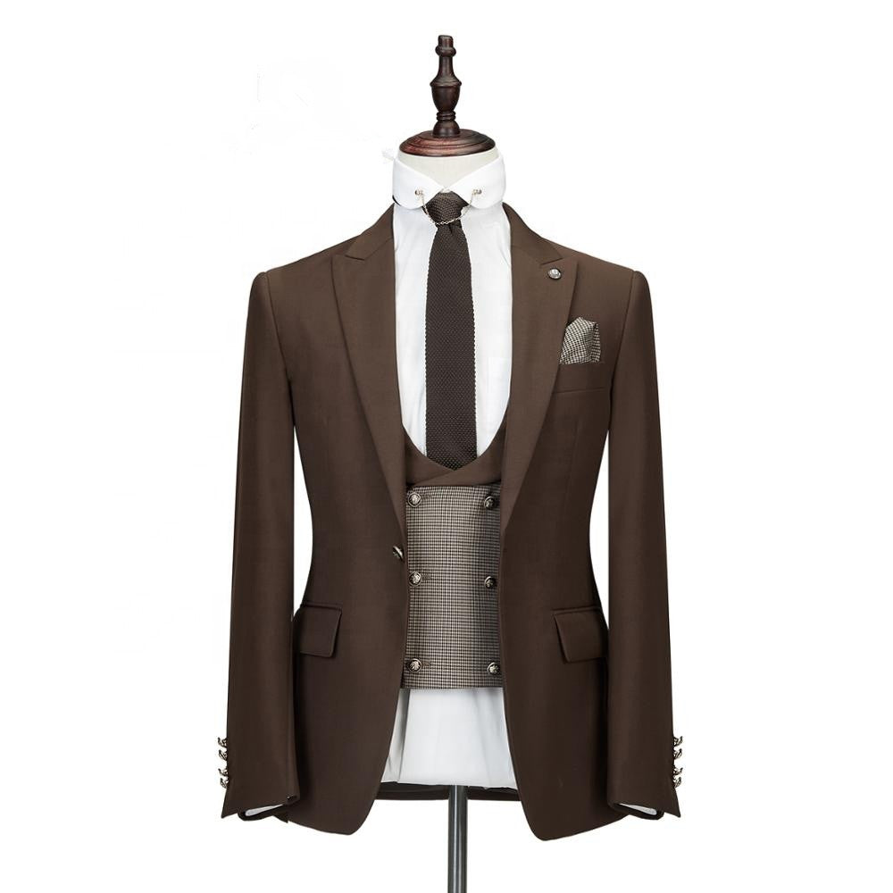 Elegant Brown Slim Fit Three-Piece Peaked Lapel Wedding Suit for Men