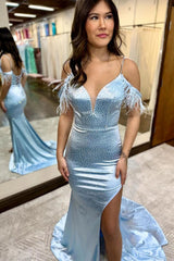 Light Blue Long Mermaid Prom Dress with Criss Cross Back and Off-Shoulder Design