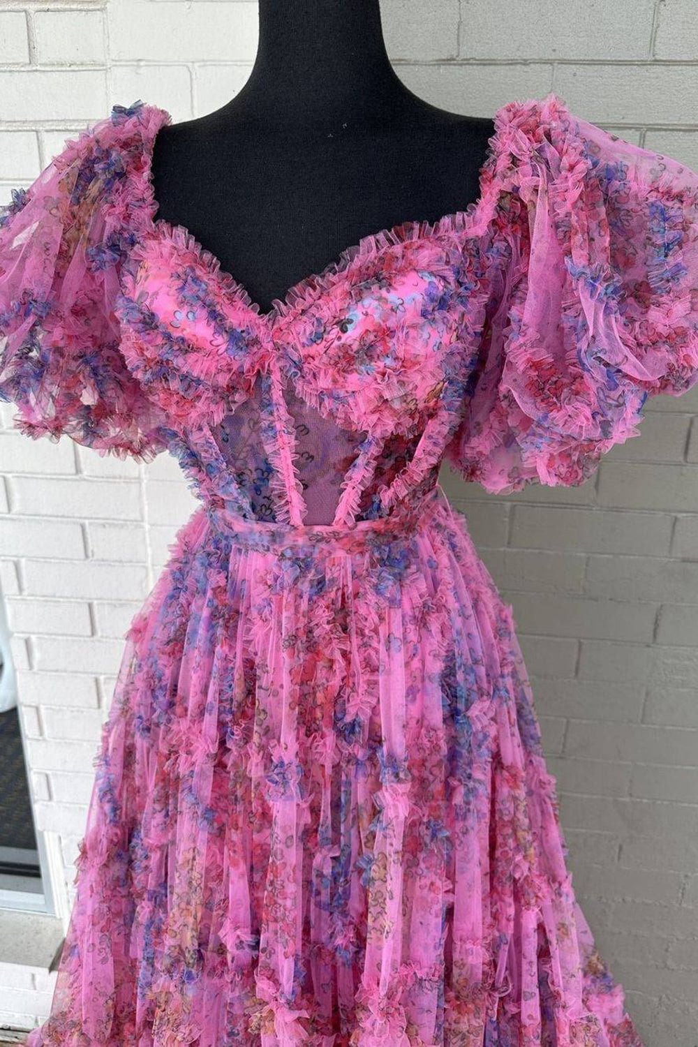 Elegant Pink Floral Printed Off-the-Shoulder Corset Prom Dress with Sweep Train