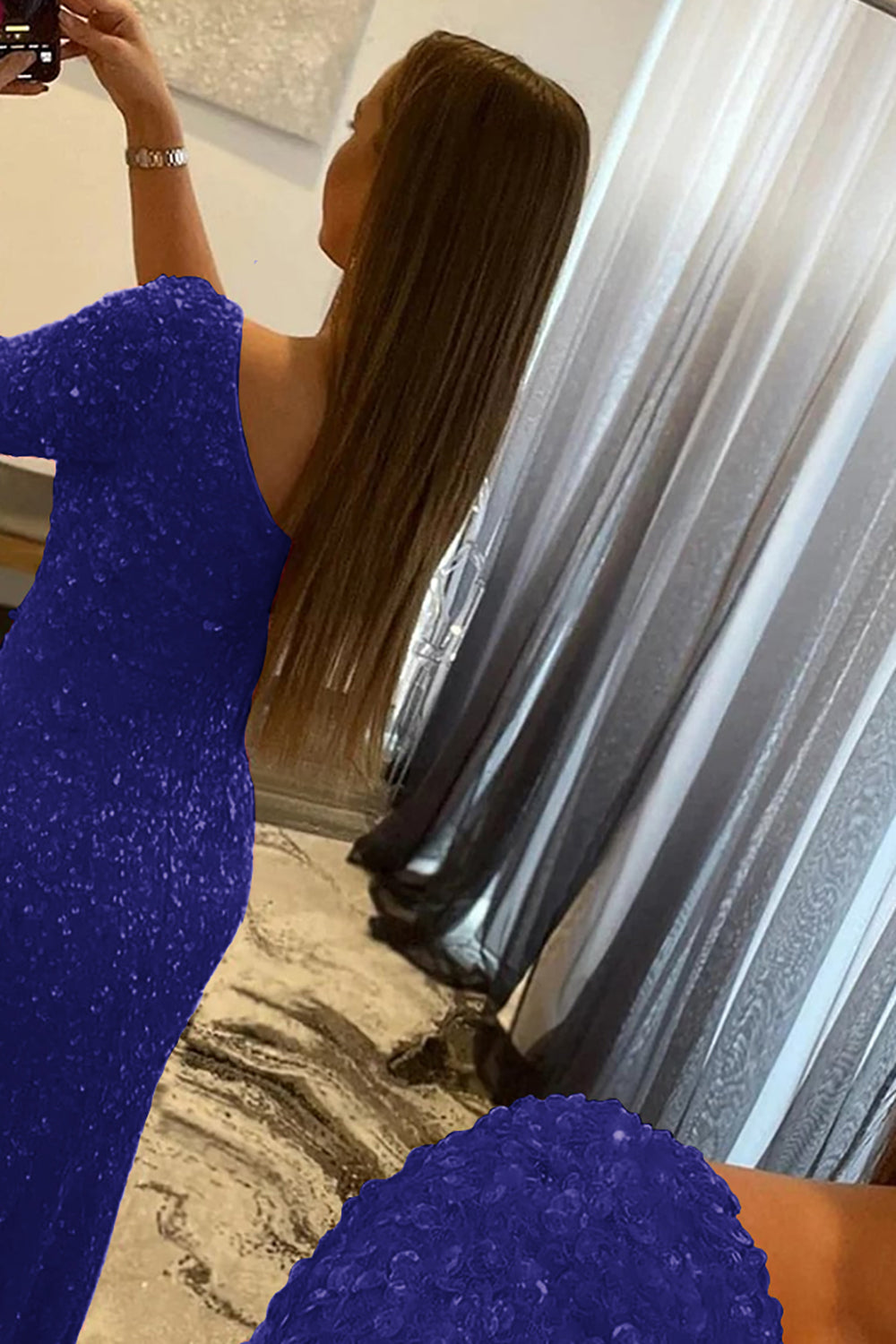 Sequined Prom Dress with a Single Shoulder in Pink