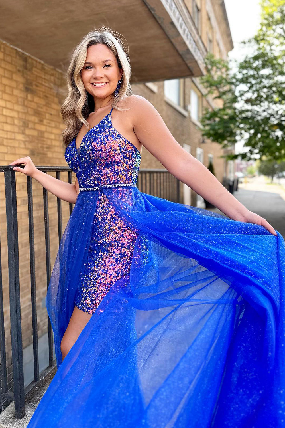 Sparkly Blue Detachable Train Sequins Tight Short Homecoming Dress/Mini Dress