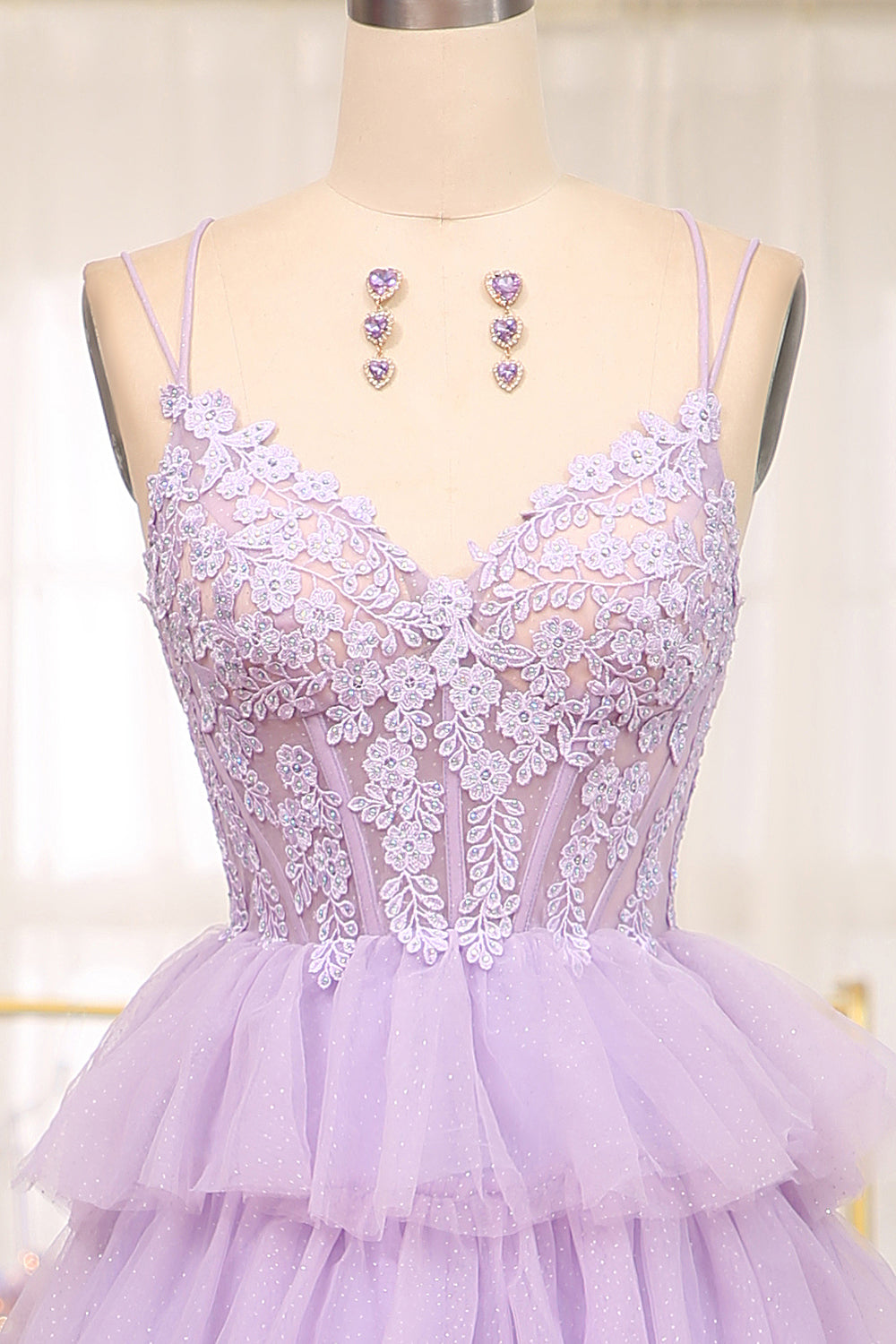 Long Prom Dress with Lilac Princess Spaghetti Straps and Tiered Tulle Appliques