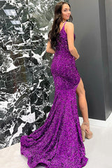 Long Purple Mermaid Prom Dress with Strapless Design and Front Split Adorned with Sequins