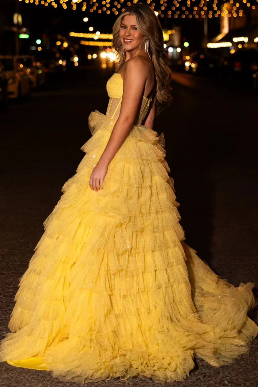Long Strapless Prom Dress in Golden Tulle with Tiered Skirt and Slit