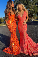 Elegant Orange Mermaid Prom Dress with Deep V Neck and Embroidery