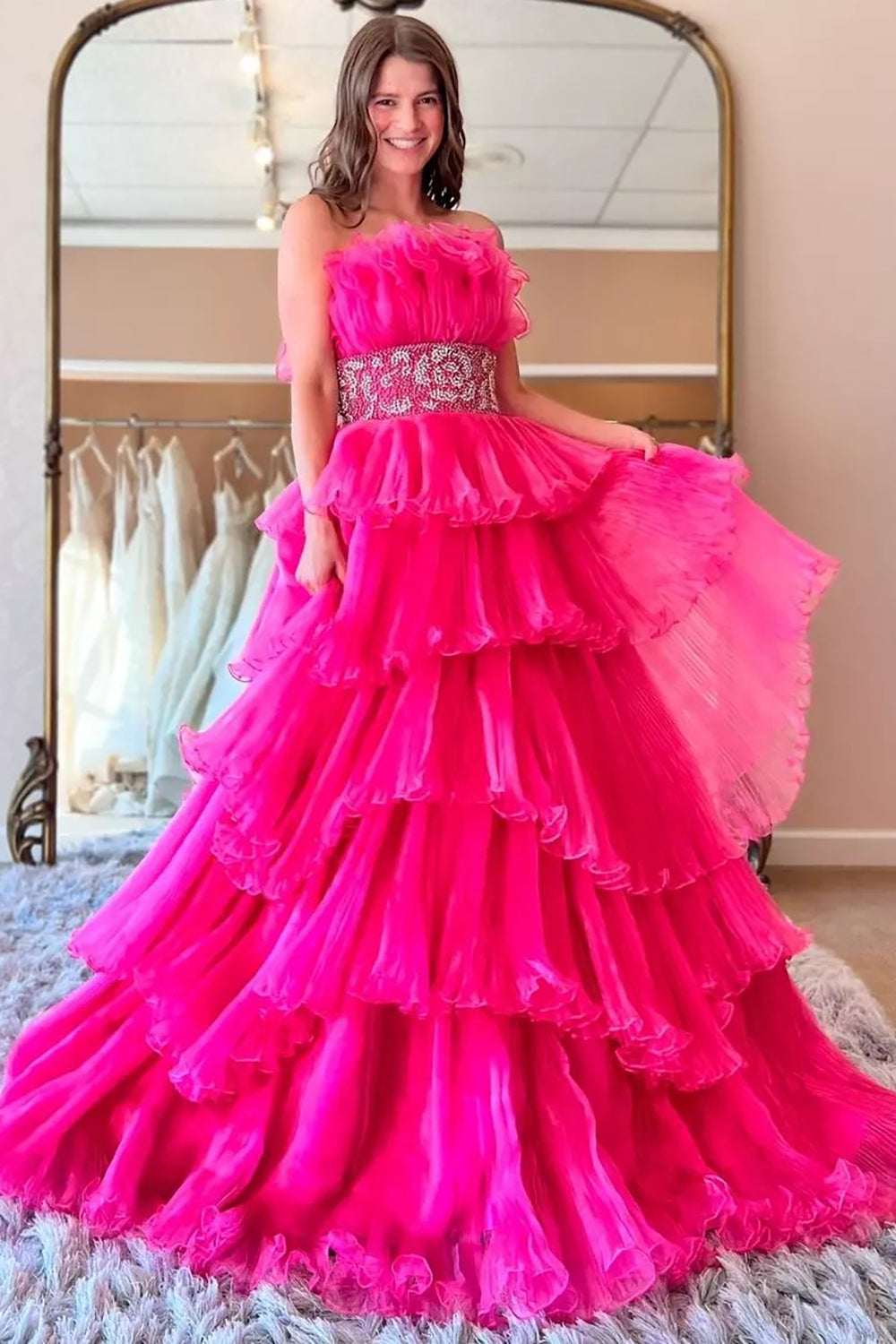 Long Blue Strapless Prom Dress with Beading in Princess Tulle