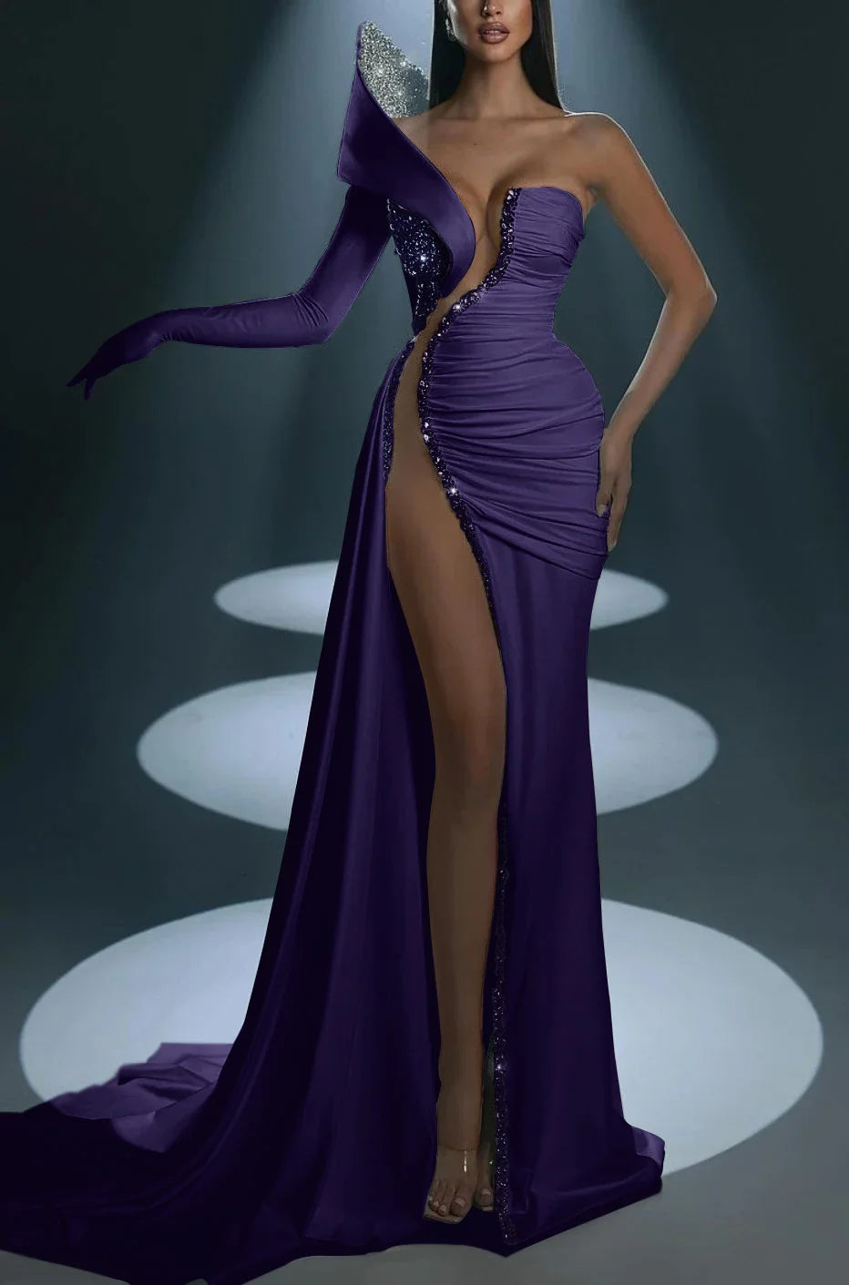 White Formal Dress With Gloves Long Mermaid One Shoulder With High Slit
