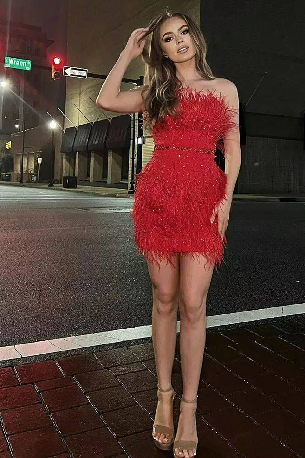 Sparkly Fuchsia Beaded Tight Short Homecoming Dress/Mini Dress with Feathers