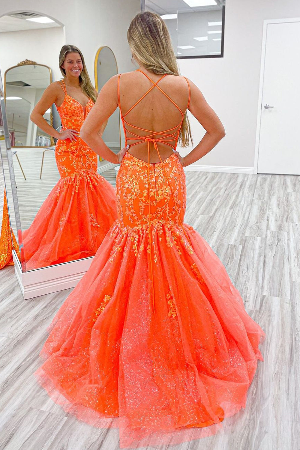 Stylish Orange Long Prom Dress with Mermaid Spaghetti Straps and Appliques