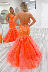 Stylish Orange Long Prom Dress with Mermaid Spaghetti Straps and Appliques