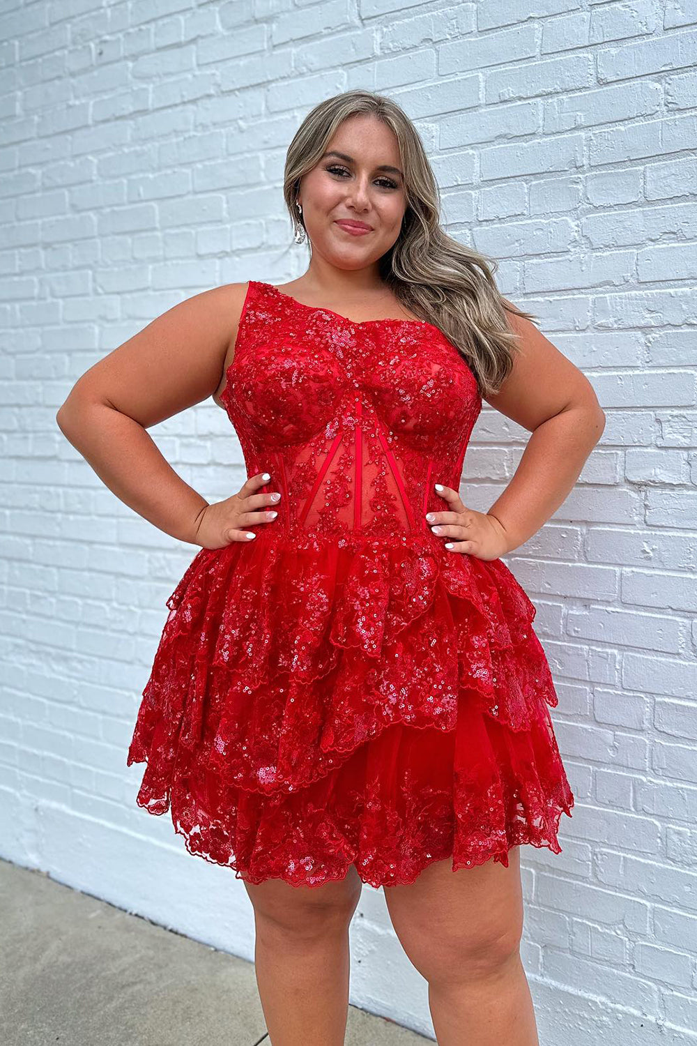 Sparkly Navy Tiered Lace One Shoulder A-Line Short Homecoming Dress/Mini Dress