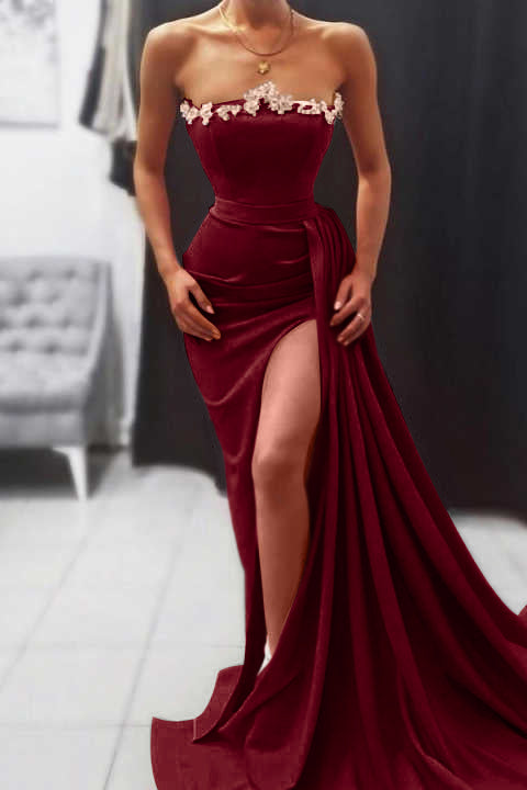 Orange Mermaid Strapless Long Evening Dress With Split