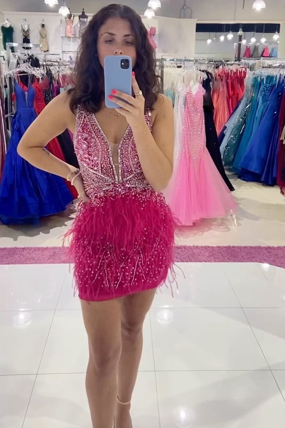 Sparkly Red Beaded Feathered Tight Short Homecoming Dress/Mini Dress