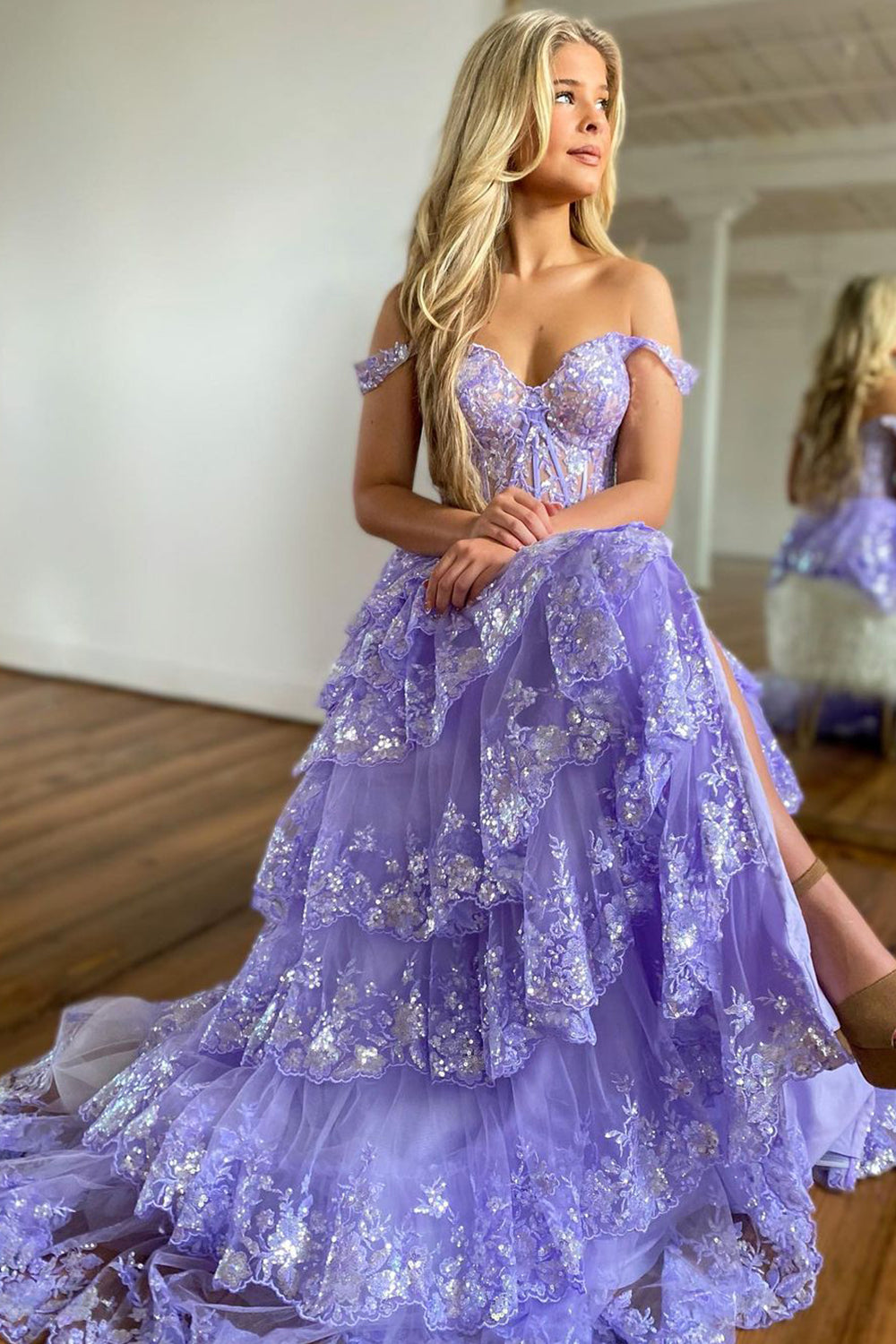 Long Tiered Off-the-Shoulder Corset Prom Dress in Fuchsia with Sequins for Princesses