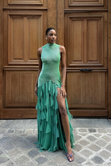 High Neck Sleeveless Long Mermaid Formal Dress With Split Ruffles
