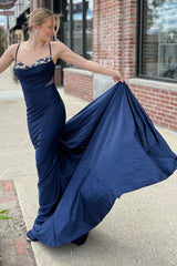 Navy Long Prom Dress with Mermaid Spaghetti Straps and Sweep Train
