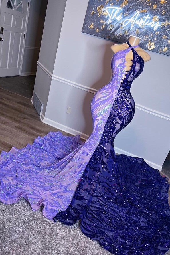 Double Color Sleeveless Halter Backless Mermaid Evening Dress