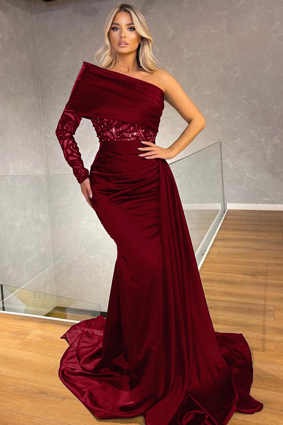 Sexy Black One Shoulder Long Sleeve Mermaid Evening Dress Long Sequins With Ruffles